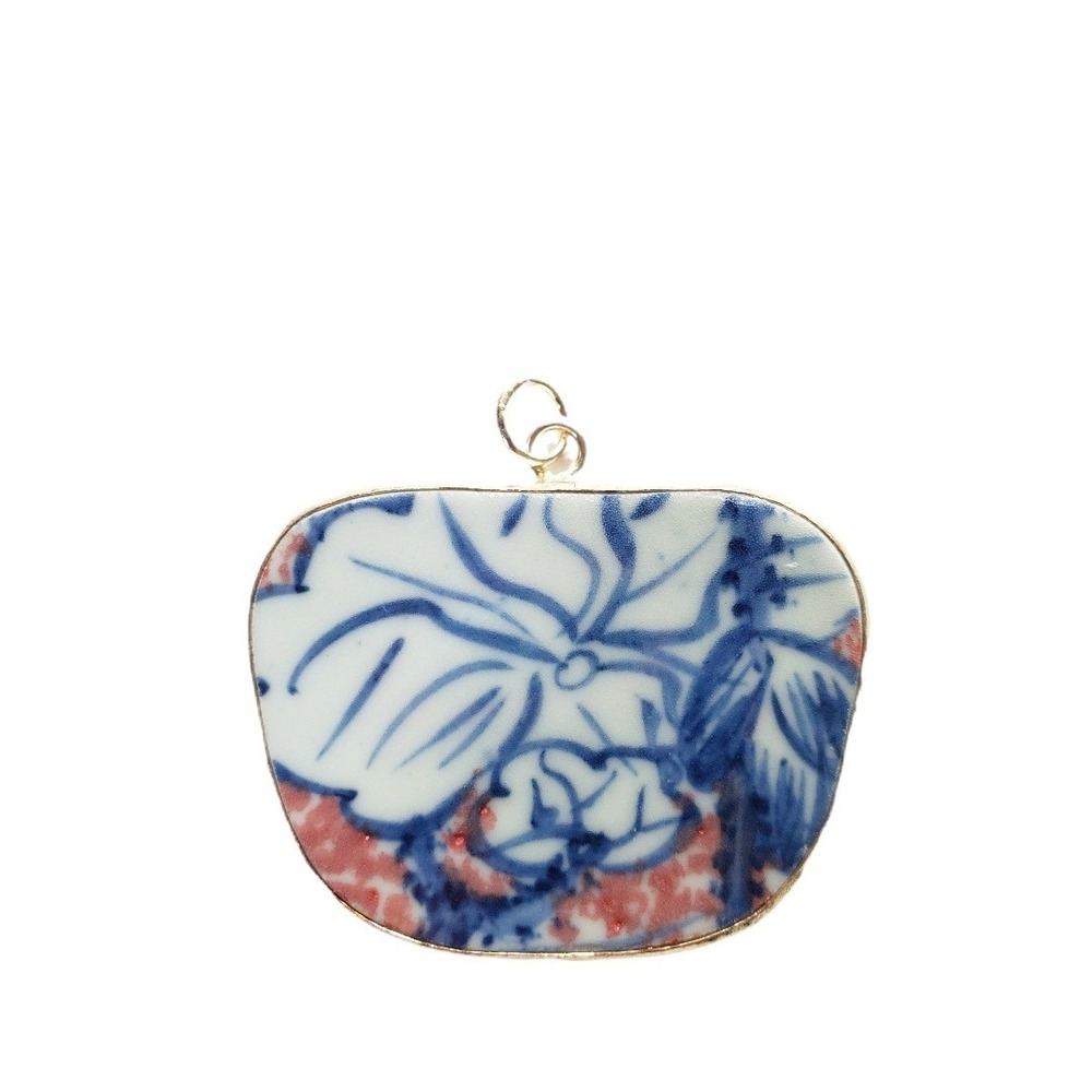 Blue & White Floral Porcelain Coral Pottery Shard Pendant Chinoiserie Jewelry